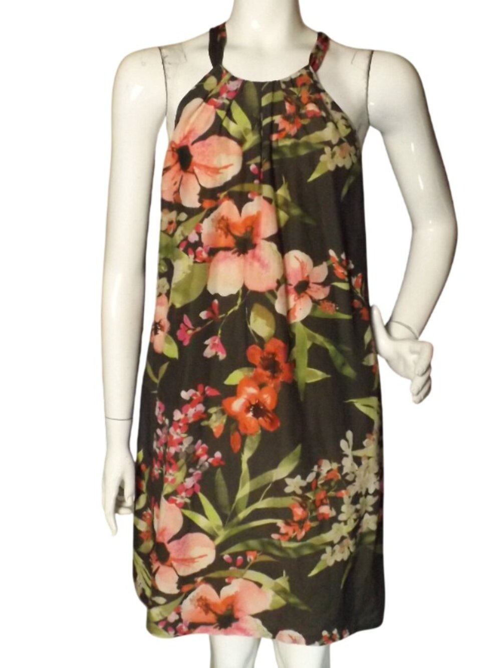 TOMMY BAHAMA Dress, M, Green/Pink Red Floral, Cotton-silk, Sleeveless Halter